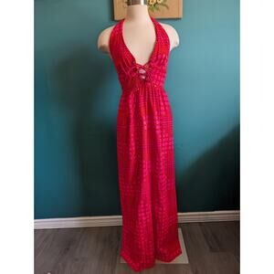 Women's Vintage 1960s Neon Barkcloth Maxi Dress Lace Up Corset Size Small xs